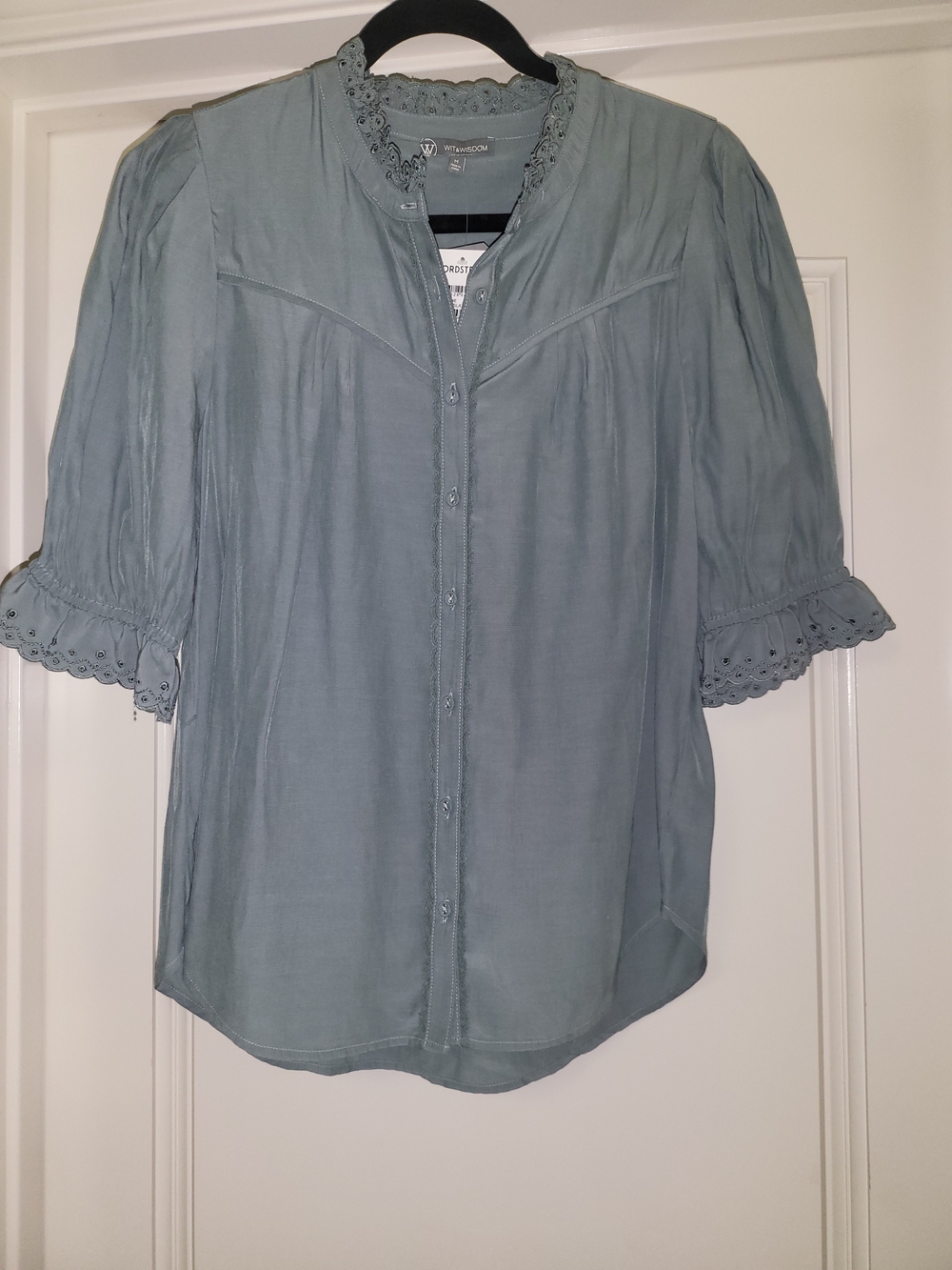 Wit & Wisdom Dusty Teal Lace-Trim ButtonUp Blouse Sz Medium Nwt New Dusty Slate - Picture 7 of 14
